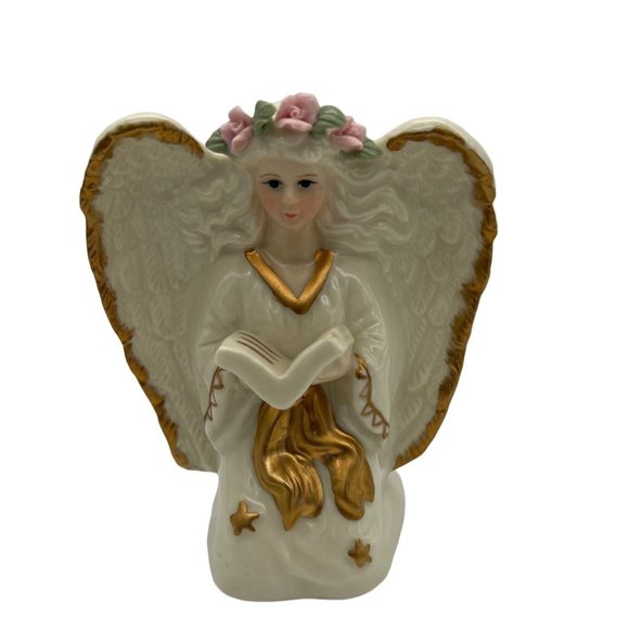 Angel Candlestick Holder White w/ Gold Trim Holding Songbook 5" Porcelain - Picture 1 of 5